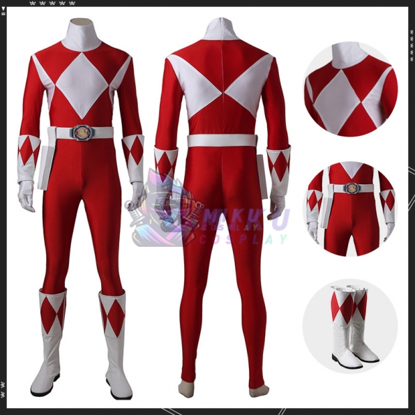 Adult Red Power Ranger Costume Mighty Morphin Red Ranger Suit Boots Version